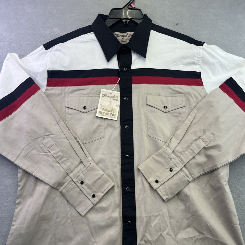 Wrangler Wrancher Denim Shirt XL Color Block Lightening Pearl Snap Red Black